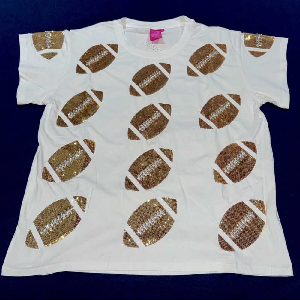 🏈NWOT Queen Of Sparkles L Sequins & Rhinestones Football Tee